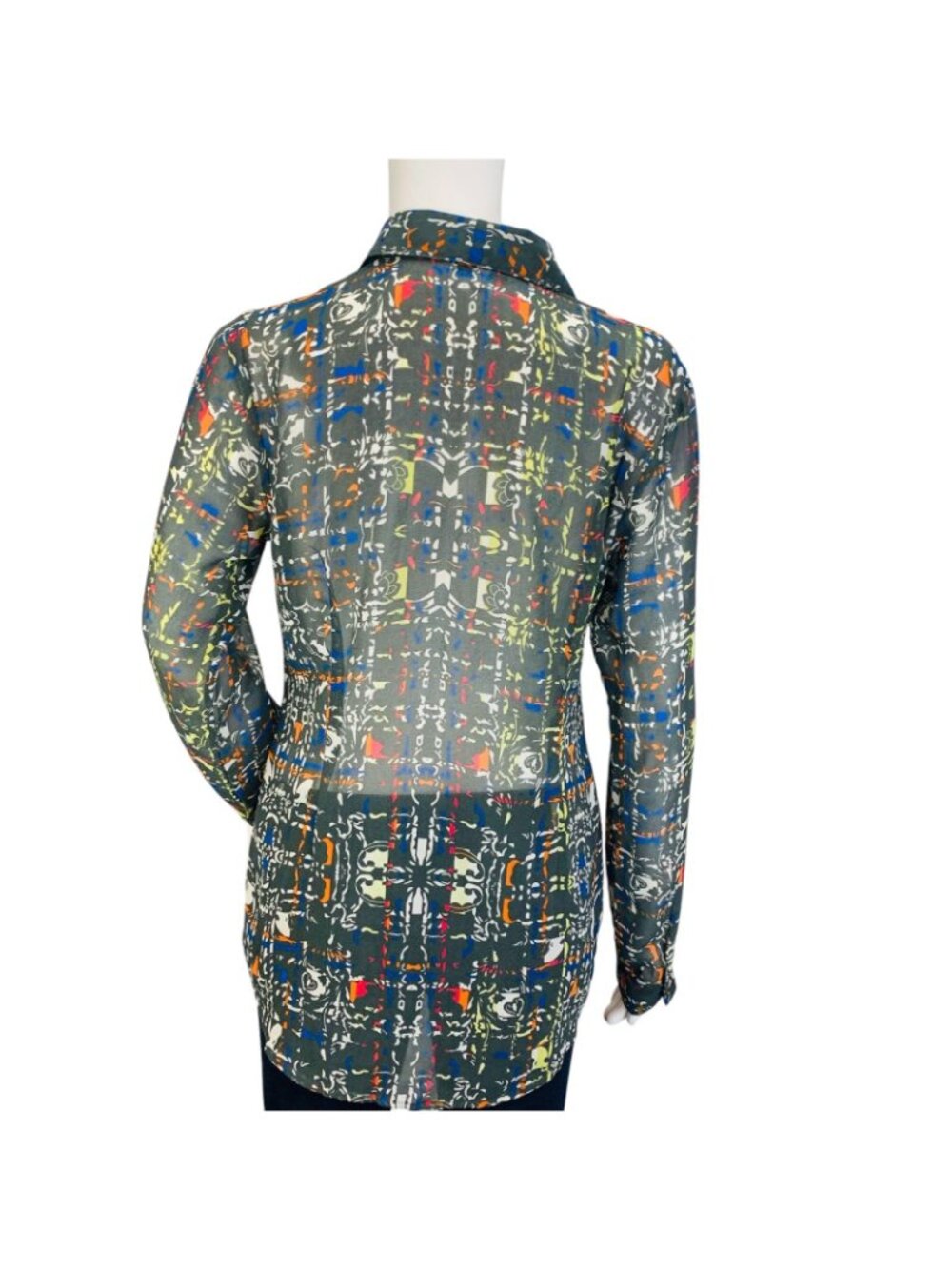Cabi Womens Festival Button Blouse Multicolor Geometric Print Sheer #129 Size S - Picture 7 of 12